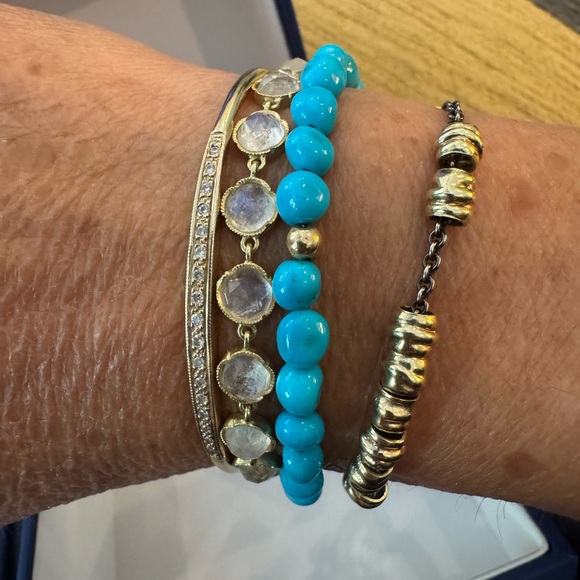 14k Real Yellow Gold Handmade Sleeping Beauty Turquoise Beaded Bracelet - Picture 6 of 6